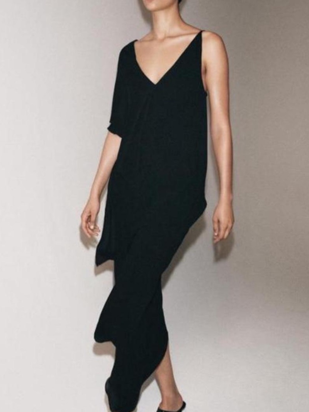 Zara Asymmetrical Black V-Neck Slip Dress